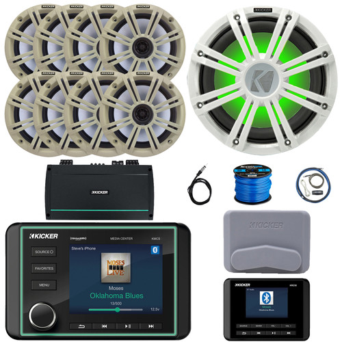 Kicker KMC5 3.5" Marine Bluetooth USB/AUX WB AM/FM Gauge Style Receiver W/Controller + Cover, 8x 6.5" 195W Max Speakers W/White Grilles, 12" Subwoofer W/White Grille, Amplifier W/Kit, Antenna, Wire