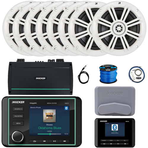 Kicker KMC5 3.5" LCD Display Marine Bluetooth USB/AUX WB AM/FM Radio Weather-Resistant Gauge Style Receiver W/Controller + Cover, 8x 6.5" 150W 2-Way White Speakers, Amplifier W/Kit, Antenna, Wire