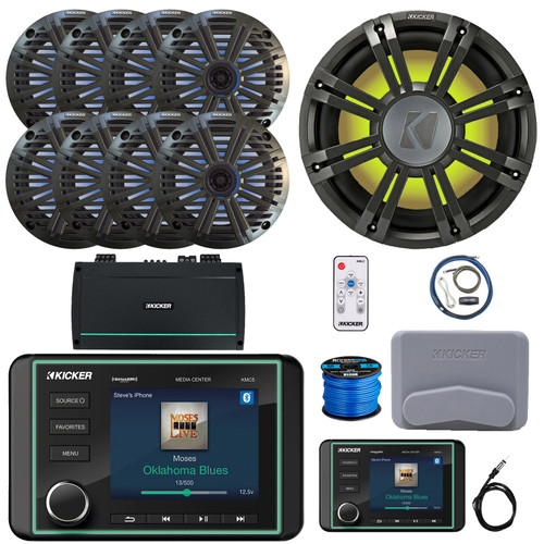 Kicker KMC5 Marine Bluetooth USB/AUX Gauge Style Receiver W/Controller + Cover, 8x 6.5" 195W Max RGB LED Speakers W/Charcoal Grilles + LED Controller, Sub W/Charcoal Grille, Amp W/Kit, Antenna, Wire