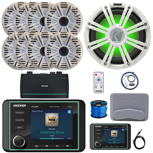 Kicker KMC5 Marine Bluetooth USB/AUX AM/FM Gauge Style Receiver W/Controller + Cover, 8x 6.5" 195W Max RGB LED Speakers W/White Grilles + LED Controller, Sub W/White Grille, Amp W/Kit, Antenna, Wire