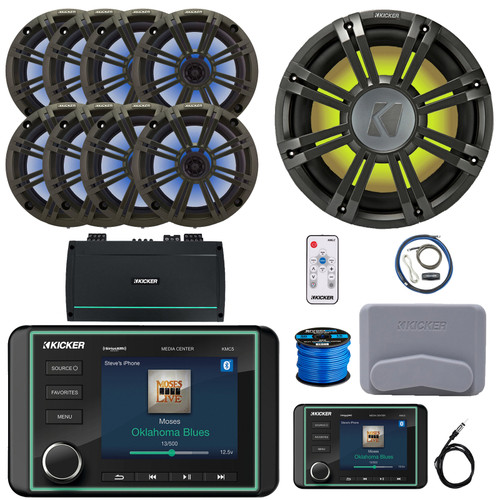 Kicker KMC5 Marine Bluetooth USB/AUX WB Gauge Style Receiver W/Controller + Cover, 8x 6.5" RGB LED Speakers W/Charcoal Grilles + LED Controller, Subwoofer W/Charcoal Grille, Amp W/Kit, Antenna, Wire