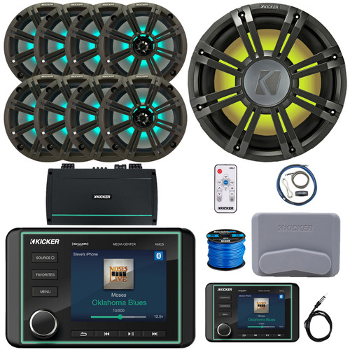 Kicker KMC5 Marine Bluetooth USB/AUX AM/FM Gauge Style Receiver W/Controller + Cover, 8x 8" RGB LED Speakers W/Charcoal Grilles + LED Controller, Subwoofer W/Charcoal Grille, Amp W/Kit, Antenna, Wire