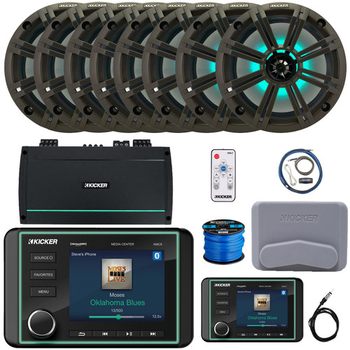 Kicker KMC5 Marine Bluetooth USB/AUX WB AM/FM Gauge Style Receiver W/Controller + Cover, 8x 8" 300W Max RGB LED Speakers W/Charcoal Grilles + LED Controller, 8-Channel Amplifier W/Kit, Antenna, Wire