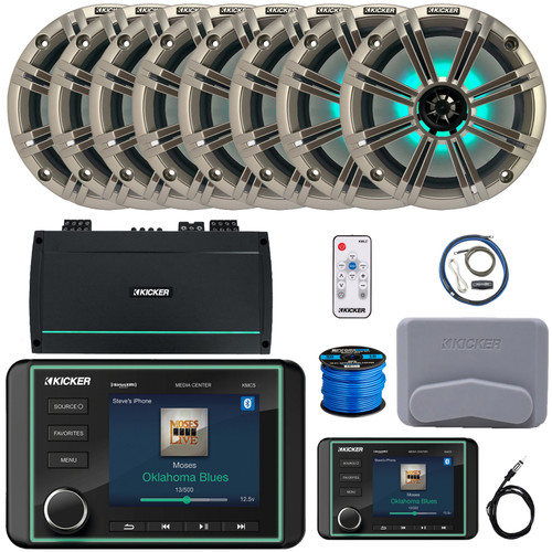 Kicker KMC5 Marine Bluetooth USB/AUX WB AM/FM Gauge Style Receiver W/Controller + Cover, 8x 8" 300W Max RGB LED Speakers W/Silver Grilles + LED Controller, 8-Channel Amplifier W/Kit, Antenna, Wire