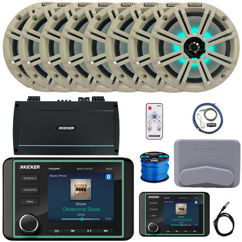 Kicker KMC5 Marine Bluetooth USB/AUX WB AM/FM Gauge Style Receiver W/Controller + Cover, 8x 8" 300W Max RGB LED Speakers W/White Grilles + LED Controller, 8-Channel Amplifier W/Kit, Antenna, Wire