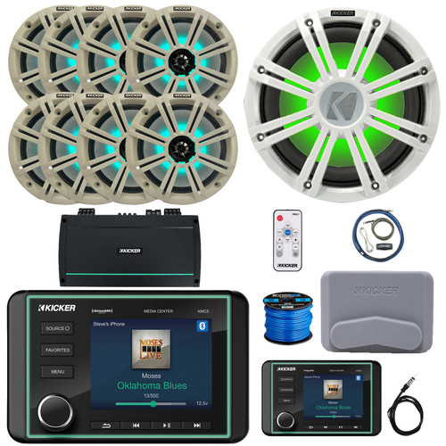 Kicker KMC5 Marine Bluetooth USB/AUX WB AM/FM Gauge Style Receiver W/Controller + Cover, 8x 8" 300W Speakers W/White Grilles + LED Controller, 12" Subwoofer W/White Grille, Amp W/Kit, Antenna, Wire