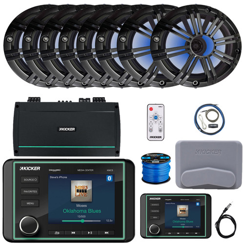 Kicker KMC5 Marine Bluetooth USB/AUX WB AM/FM Radio Gauge Style Receiver W/Controller + Cover, 8x 6.5" 195W Max RGB LED Speakers W/Charcoal Grilles + LED Controller, Amplifier W/Kit, Antenna, Wire