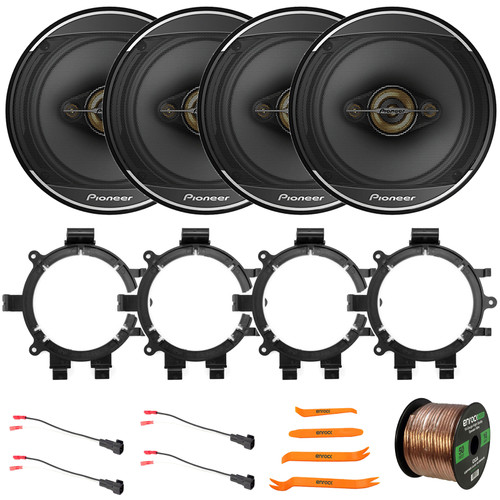 4x Pioneer TS-A1681F 6.5" 350 Watt Max Power 4-Way Coaxial Speakers, 4x 5.25" or 6.5" Speaker Adaptors, 2x Speaker Wire Harness, Speaker Wire, 4-Piece Removal Pry Tool Set (1995-2009)