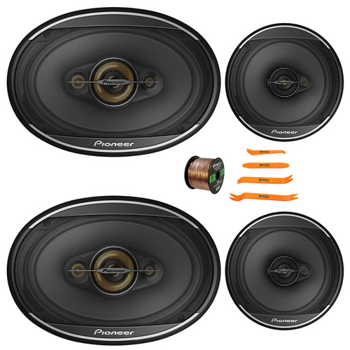 2x Pioneer TS-A1671F 6.5” 320 Watt Max Power 3-Way Coaxial Speakers, 2x Pioneer TS-A6971F 6"x9" 600 Watts Max Power 4-Way Coaxial Speakers, 50 Feet 16 Gauge Speaker Wire, 4-Piece Removal Pry Tool Set