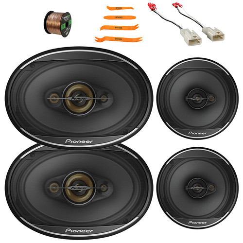 2x Pioneer TS-A1671F 6.5” 320 Watt Max Power 3-Way Coaxial Speakers, 2x 6"x9" 600 Watts Max Power 4-Way Coaxial Speakers, Speaker Connector, 50 Feet 16 Gauge Speaker Wire, 4-Piece Removal Pry Tool Set