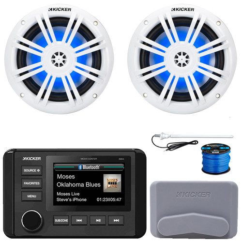 Kicker 51KMC4 3" LCD Marine Bluetooth Weather-Resistant Gauge-Style AM/FM WB/USB/AUX Receiver W/Cover, 2x 6.5" 150W Max Power White RGB LED Coaxial Boat Speakers, Speaker Wire, AM/FM Antenna