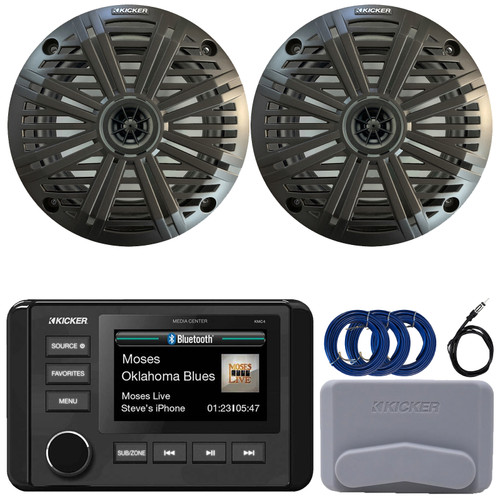 Kicker 51KMC4 3" LCD Marine Bluetooth Weather-Resistant Gauge-Style AM/FM WB/USB/AUX Receiver W/Cover, 2x 6.5" 195W Max Power Coaxial Speakers W/Charcoal Grilles, AM/FM Antenna, 3x Speaker Wire