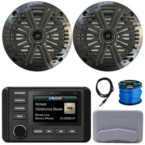 Kicker 51KMC4 3" LCD Marine Bluetooth Weather-Resistant Gauge-Style AM/FM WB/USB/AUX Receiver W/Cover, 2x 6.5" 195W Max Power Coaxial Speakers W/Charcoal Grilles, AM/FM Antenna, Speaker Wire