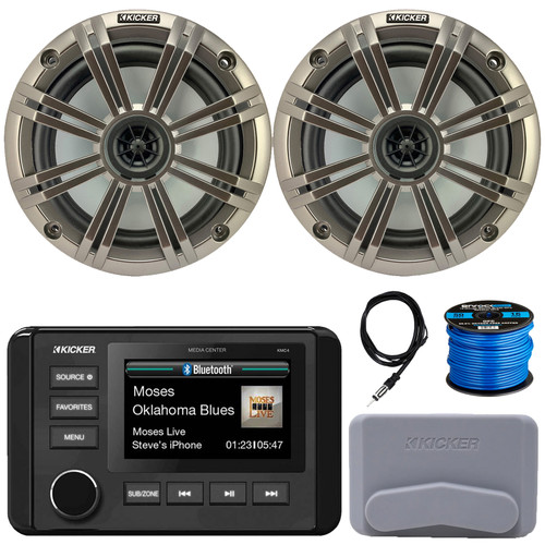 Kicker 51KMC4 3" LCD Marine Bluetooth Weather-Resistant Gauge-Style AM/FM WB/USB/AUX Receiver W/Cover, 2x 6.5" 195W Max Power Coaxial Speakers W/Silver Grille, AM/FM Antenna, Speaker Wire