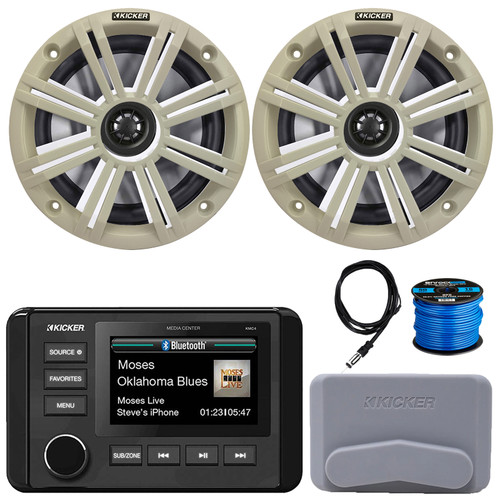 Kicker 51KMC4 3" LCD Marine Bluetooth Weather-Resistant Gauge-Style AM/FM WB/USB/AUX Receiver W/Cover, 2x 6.5" 195 Watt Max Power Coaxial Speakers W/White Grille, AM/FM Antenna, Speaker Wire