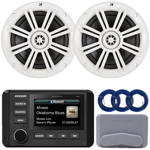 Kicker 51KMC4 3" LCD Marine Bluetooth Weather-Resistant Gauge-Style AM/FM WB/USB/AUX Receiver W/Cover, 2x 6.5" 150W Max Power 2-Way Coaxial White Boat Speakers, 3x 20 Feet 16 Gauge Speaker Wire