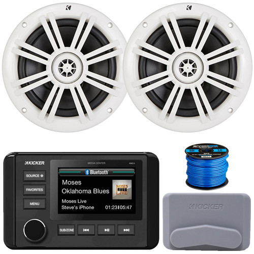 Kicker 51KMC4 3" LCD Marine Bluetooth Weather-Resistant Gauge-Style AM/FM WB/USB/AUX Receiver W/Cover, 2x 6.5" 150W Max Power 2-Way Coaxial White Boat Speakers, 50 Feet 16 Gauge Speaker Wire