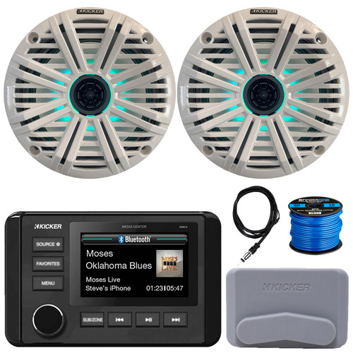 Kicker 51KMC4 3" LCD Marine Bluetooth Weather-Resistant Gauge-Style AM/FM WB/USB/AUX Receiver W/Cover, 2x 6.5" 195W Max Power RGB LED Coaxial Speakers W/White Grille, Antenna, Speaker Wire