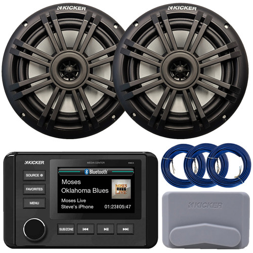Kicker 51KMC4 3" LCD Marine Bluetooth Weather-Resistant Gauge-Style AM/FM WB/USB/AUX Receiver W/Cover, 2x 6.5" 150 Watt Max Power 2-Way Black Boat Audio Speakers, 3x 20 Feet 16 Gauge Speaker Wire