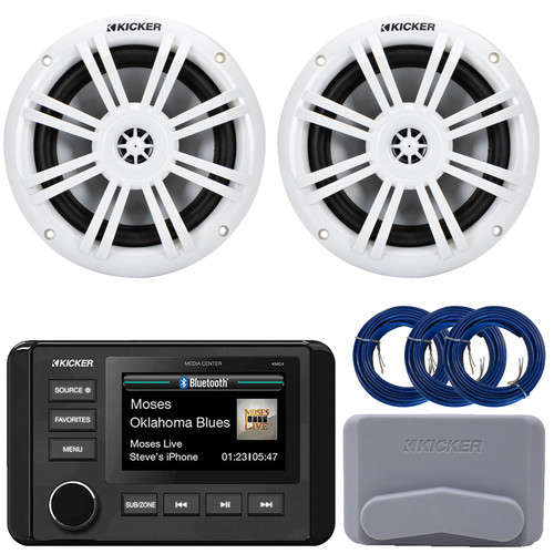 Kicker 51KMC4 3" LCD Marine Bluetooth Weather-Resistant Gauge-Style AM/FM WB/USB/AUX Receiver W/Cover, 2x 6.5" 150 Watt Max Power 2-Way White Boat Audio Speakers, 3x 20 Feet 16 Gauge Speaker Wire