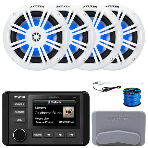 Kicker 51KMC4 3" LCD Marine Bluetooth Weather-Resistant USB/AUX WB AM/FM Radio Gauge Style Receiver W/Gray Cover, 4x 6.5" 150W Max Power 4O RGB LED Coaxial Boat Speakers, Radio Antenna, Speaker Wire