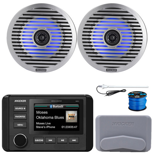Kicker 51KMC4 3" LCD Marine Bluetooth Weather-Resistant Gauge-Style AM/FM WB/USB/AUX Receiver W/Cover, 2x 6.5" 130W Max Power Thin-Mount RGB LED Boat Speakers W/Grilles, Speaker Wire, Antenna