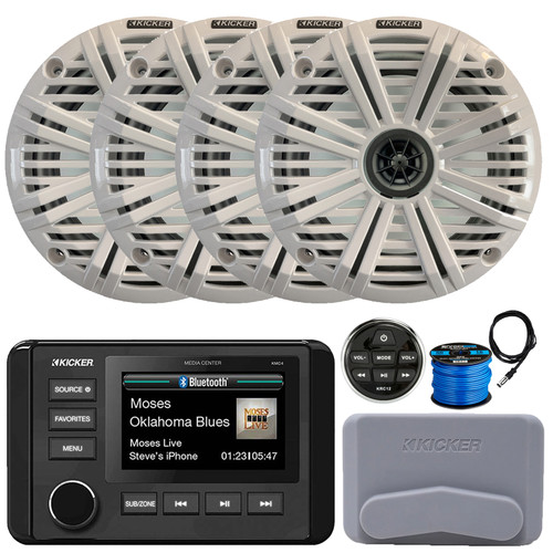 Kicker 51KMC4 3" LCD Marine Bluetooth Weather-Resistant Gauge-Style AM/FM WB/USB/AUX Receiver W/Cover W/Remote Control, 4x 6.5" 195W Max Power Coaxial Speakers W/White Grilles, Antenna, Wire