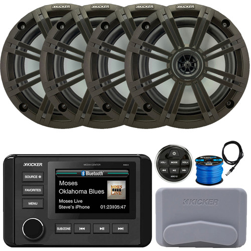 Kicker 51KMC4 3" LCD Marine Bluetooth Weather-Resistant Gauge-Style AM/FM WB/USB/AUX Receiver W/Cover W/Remote Control, 4x 6.5" 195W Peak Power Coaxial Speakers W/Charcoal Grilles, Antenna, Wire