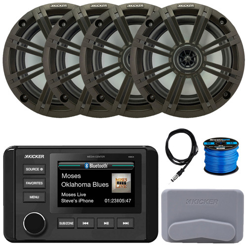 Kicker 51KMC4 3" LCD Marine Bluetooth Weather-Resistant Gauge-Style AM/FM WB/USB/AUX Receiver W/Cover, 4x 6.5" 195W Max Power Coaxial Speakers W/Charcoal Grilles, AM/FM Antenna, Speaker Wire