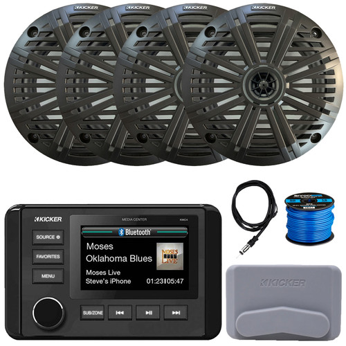 Kicker 51KMC4 3" LCD Marine Bluetooth Weather-Resistant Gauge-Style AM/FM WB/USB/AUX Receiver W/Cover, 4x 6.5" 195W Max Power Coaxial Speakers W/Charcoal Grille, AM/FM Antenna, Speaker Wire