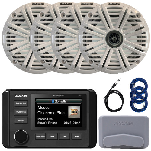 Kicker 51KMC4 3" LCD Marine Bluetooth Weather-Resistant Gauge-Style AM/FM WB/USB/AUX Receiver W/Cover, 4x 6.5" 195W Max Power Coaxial Speakers W/White Grille, AM/FM Antenna, 3x Speaker Wire