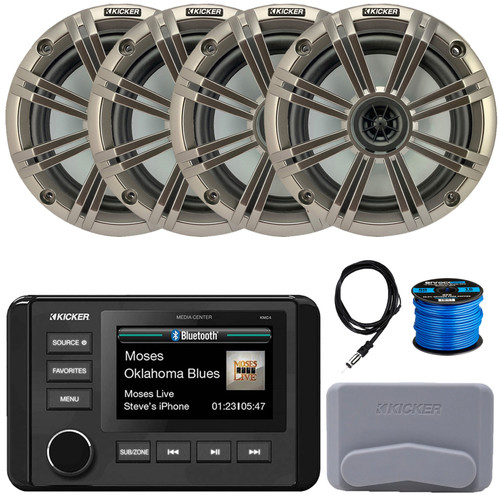 Kicker 51KMC4 3" LCD Marine Bluetooth Weather-Resistant Gauge-Style AM/FM WB/USB/AUX Receiver W/Cover, 4x 6.5" 195W Max Power Coaxial Speakers W/Silver Grilles, AM/FM Antenna, Speaker Wire
