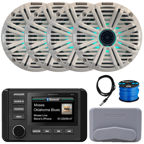 Kicker 51KMC4 3" LCD Marine Bluetooth Weather-Resistant Gauge-Style AM/FM WB/USB/AUX Receiver W/Cover, 4x 6.5" 195W Max Power RGB LED Coaxial Speakers W/White Grille, AM/FM Antenna, Speaker Wire