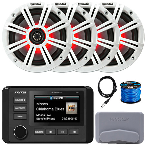 Kicker 51KMC4 3" LCD Marine Bluetooth Weather-Resistant Gauge-Style AM/FM WB/USB/AUX Receiver W/Cover, 4x 6.5" 195W Max Power RGB LED Coaxial Speakers W/White Grille, 22" Antenna, Speaker Wire