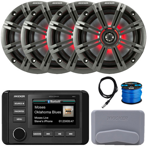 Kicker 51KMC4 3" LCD Marine Bluetooth Weather-Resistant Gauge-Style AM/FM WB/USB/AUX Receiver W/Cover, 4x 6.5" 195W Max Power RGB LED Coaxial Speakers W/Charcoal Grille, 22" Antenna, Speaker Wire