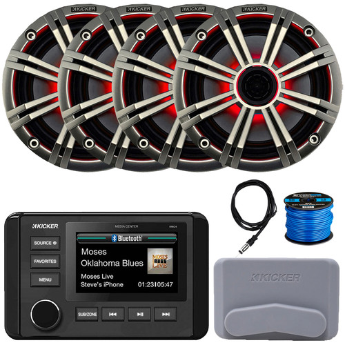 Kicker 51KMC4 3" LCD Marine Bluetooth Weather-Resistant Gauge-Style AM/FM WB/USB/AUX Receiver W/Cover, 4x 6.5" 195W Max Power RGB LED Coaxial Speakers W/Silver Grille, 22" Antenna, Speaker Wire