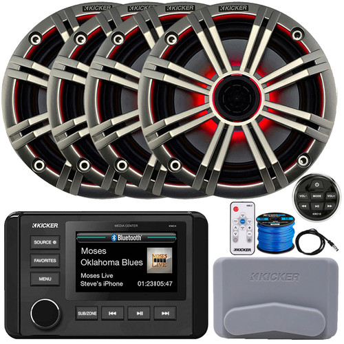 Kicker 51KMC4 3" LCD Marine Bluetooth Weather-Resistant Gauge-Style AM/FM WB/USB/AUX Receiver W/Cover W/Remote Control, 4x 6.5" 195W Max RGB LED Speaker W/Silver Grille, Controller, Antenna, Wire