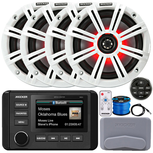 Kicker 51KMC4 3" LCD Marine Bluetooth Weather-Resistant Gauge-Style AM/FM WB/USB/AUX Receiver W/Cover W/Remote Control, 4x 6.5" 195W Max RGB LED Speaker W/White Grille, Controller, Antenna, Wire