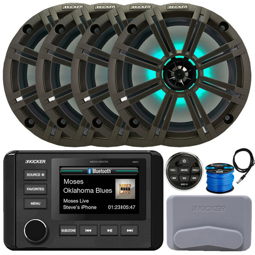 Kicker 51KMC4 3" LCD Marine Bluetooth Weather-Resistant Gauge-Style AM/FM WB/USB/AUX Receiver W/Cover W/Remote Control, 4x 8" 300W Max Power RGB LED Speakers W/Charcoal Grilles, Antenna, Wire