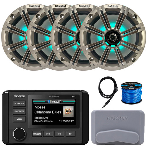 Kicker 51KMC4 3" LCD Marine Bluetooth Weather-Resistant Gauge-Style AM/FM WB/USB/AUX Receiver W/Cover, 4x 8" 300W Max Power RGB LED Boat Speakers W/Silver Grille, 22" AM/FM Antenna, Speaker Wire