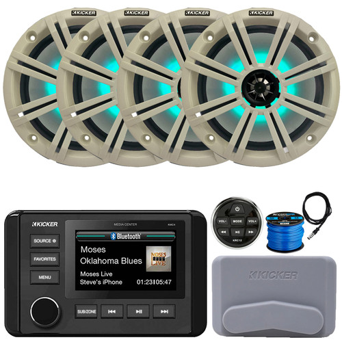 Kicker 51KMC4 3" LCD Marine Bluetooth Weather-Resistant Gauge-Style AM/FM WB/USB/AUX Receiver W/Cover W/Remote Control, 4x 8" 300W Max Power RGB LED Boat Speakers W/White Grilles, Antenna, Wire
