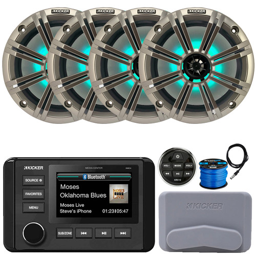 Kicker 51KMC4 3" LCD Marine Bluetooth Weather-Resistant Gauge-Style AM/FM WB/USB/AUX Receiver W/Cover W/Remote Control, 4x 8" 300W Max Power RGB LED Boat Speakers W/Silver Grilles, Antenna, Wire