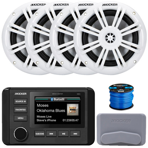 Kicker 51KMC4 3" LCD Marine Bluetooth Weather-Resistant Gauge-Style AM/FM WB/USB/AUX Receiver W/Cover, 4x 6.5" 150 Watt Max Power 2-Way White Boat Coaxial Speakers, 50 Feet 16 Gauge Speaker Wire