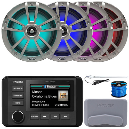 Kicker 51KMC4 3" LCD Marine Bluetooth Weather-Resistant Gauge-Style AM/FM WB/USB/AUX Receiver W/Cover, 4x 6.5" 225W Max Power Waterproof Coaxial Titanium Boat RGB LED Speakers, Antenna, Wire
