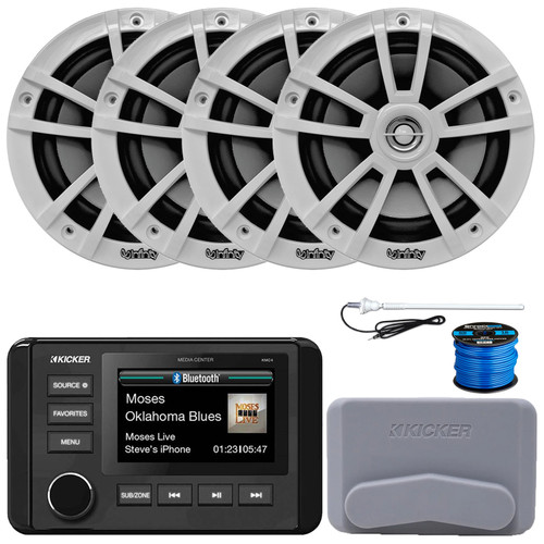 Kicker 51KMC4 3" LCD Marine Bluetooth Weather-Resistant Gauge-Style AM/FM WB/USB/AUX Receiver W/Cover, 4x 6.5" 225W Max Power High-Performance White Speakers, AM/FM Antenna, 50 Feet Speaker Wire