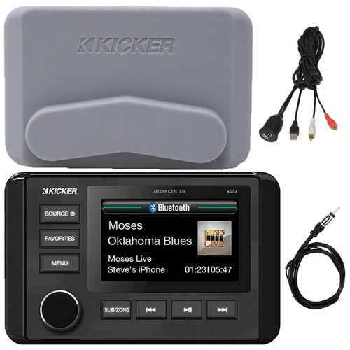 Kicker 51KMC4 3" LCD Marine Bluetooth Weather-Resistant Gauge-Style AM/FM WB/USB/AUX Receiver W/Cover, Bundle Combo With USB/AUX 3.5MM Interface Adapter, Black Flexible Hideaway 22" AM/FM Antenna