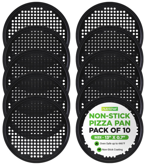 NutriChef Nonstick 13" Pizza Pan (Set of 10), Perforated Round Pizza Tray for Oven, Commercial-Grade Carbon Steel Baking Pan for Homemade, Frozen & Leftover Slices – Easy to Clean & Dishwasher Safe