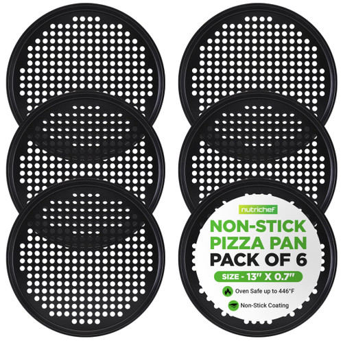 NutriChef 6-Pack13’’ Non-Stick Pizza Pans, Round Pizza Pans for Oven, Commercial-Grade Carbon Steel, Non-Stick Gray Coating, Ideal for Baking Pizza, Cookies and More, Dishwasher Safe