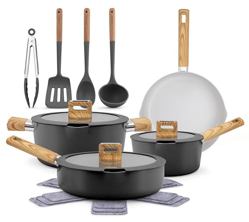 NutriChef 14-Piece Non-Stick Ceramic Cookware Set - Induction Safe Pots and Pans with Glass Lids, Cool-Touch Handles, Even Heat Distribution, Dishwasher Safe, Includes Ladle, Tong, Spatula (Black)