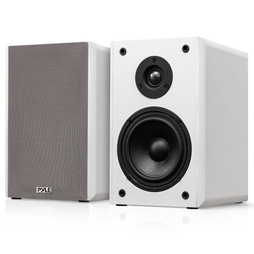 Pyle 6.5” Bookshelf Speakers, Pair of Wired Bookshelf Speakers with Wall Mount Brackets, 2-Way HiFi Home Theater with Paper Cone, Soft Dome Tweeter, Compact Design, 11.5” x 7.5” x 9.5”, White